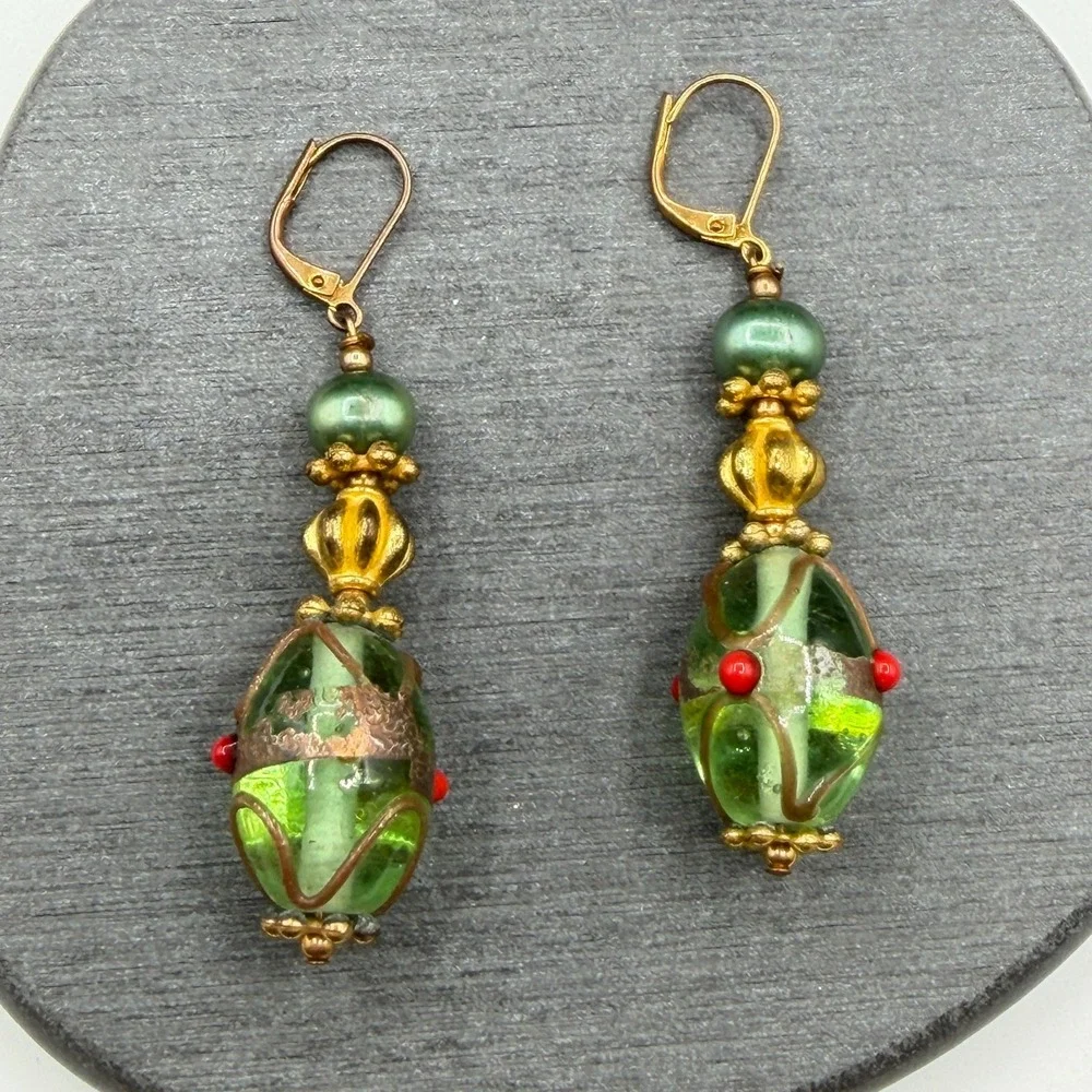 Green Lampwork Glass Bead Dangle Earrings Gold Tone Leverback Statement Boho
